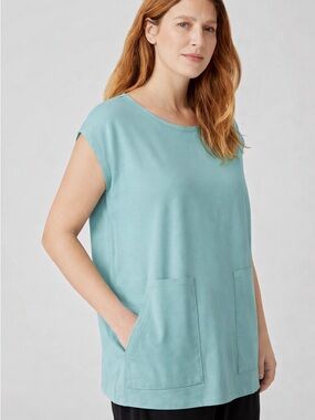 $150 Eileen Fisher Aqua Jewel Neck Boxy Tee Tunic XL NWT